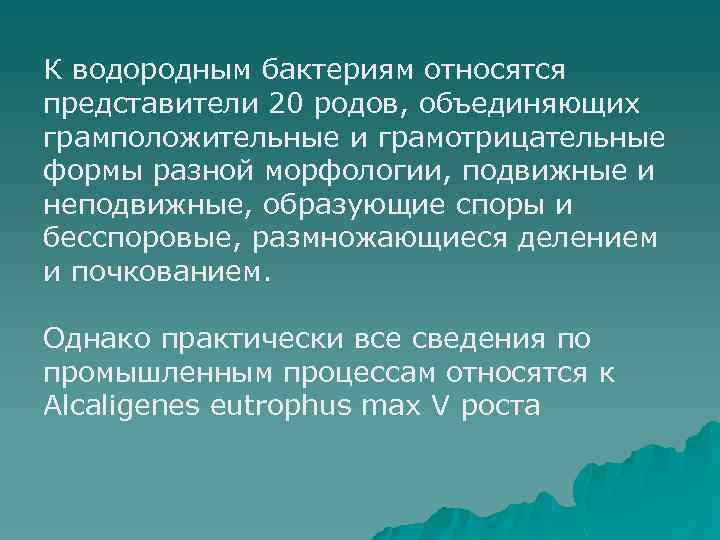 К водородным бактериям относятся представители 20 родов, объединяющих грамположительные и грамотрицательные формы разной морфологии,