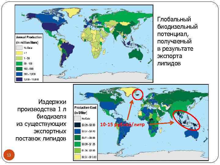 Глобальный биодизельный потенциал, получаемый в результате экспорта липидов Издержки производства 1 л биодизеля из