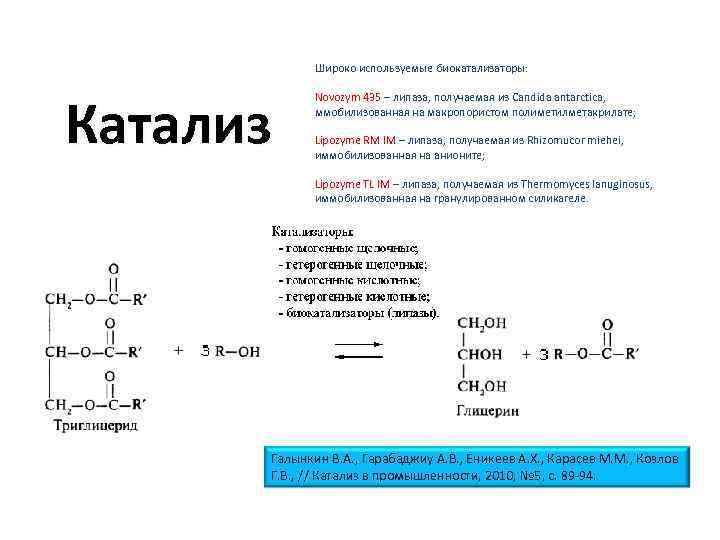 Широко используемые биокатализаторы: Катализ Novozym 435 – липаза, получаемая из Candida antarctica, ммобилизованная на