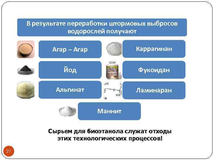 В результате переработки штормовых выбросов водорослей получают Агар – Агар Каррагинан Йод Фукоидан Альгинат