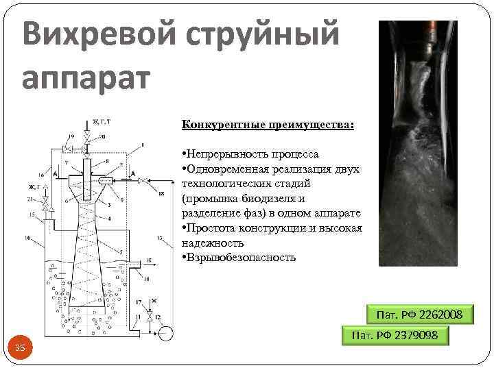 Вихревой струйный аппарат Конкурентные преимущества: • Непрерывность процесса • Одновременная реализация двух технологических стадий