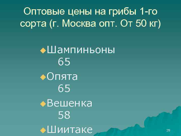 Оптовые цены на грибы 1 -го сорта (г. Москва опт. От 50 кг) u.
