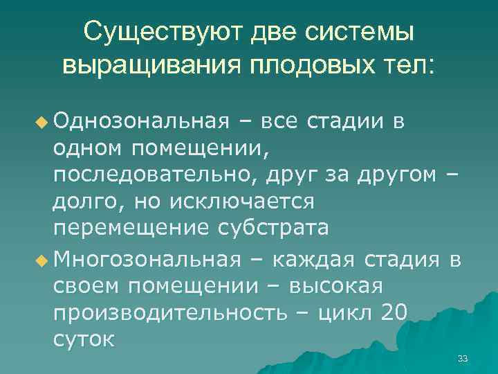 Существуют две системы выращивания плодовых тел: u Однозональная – все стадии в одном помещении,