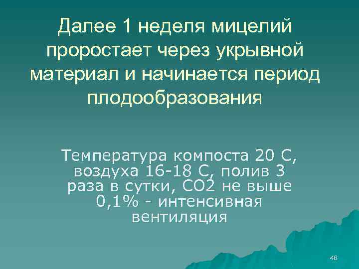 Далее 1 неделя мицелий проростает через укрывной материал и начинается период плодообразования Температура компоста