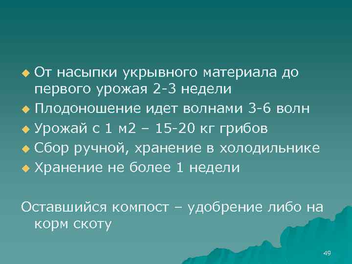 От насыпки укрывного материала до первого урожая 2 -3 недели u Плодоношение идет волнами