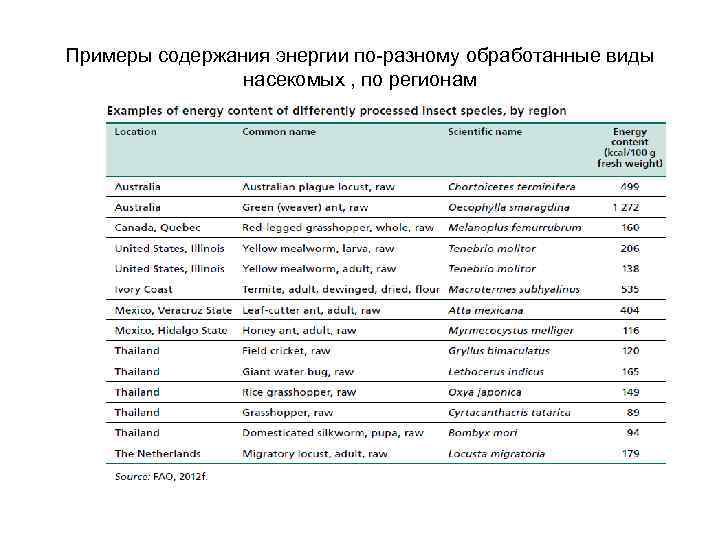 Примеры содержания энергии по-разному обработанные виды насекомых , по регионам 