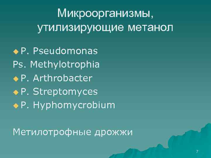 Микроорганизмы, утилизирующие метанол u P. Pseudomonas Ps. Methylotrophia u P. Arthrobacter u P. Streptomyces