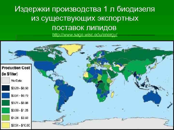 Издержки производства 1 л биодизеля из существующих экспортных поставок липидов http: //www. sage. wisc.