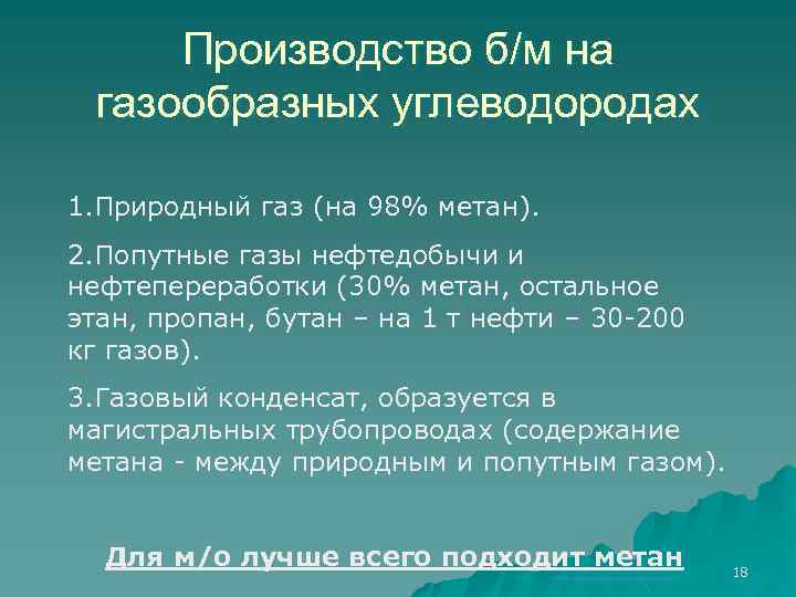 Производство б/м на газообразных углеводородах 1. Природный газ (на 98% метан). 2. Попутные газы