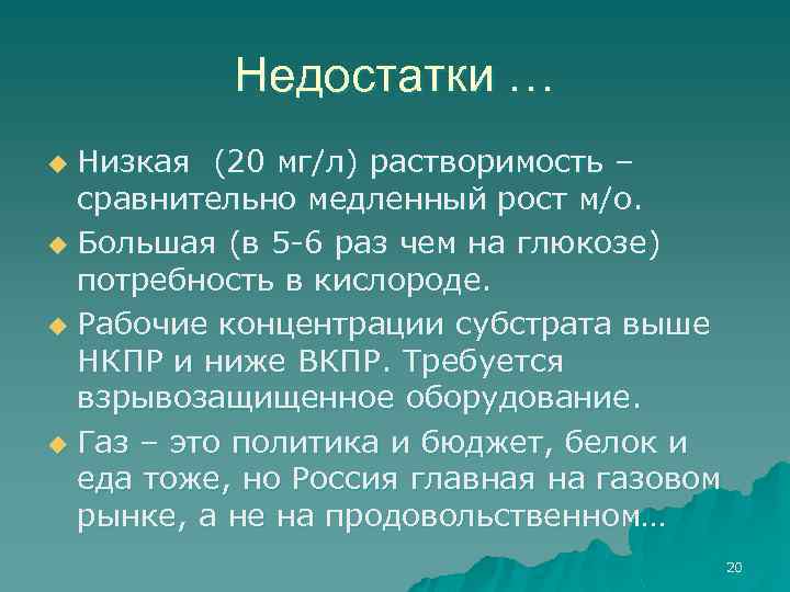 Недостатки … Низкая (20 мг/л) растворимость – сравнительно медленный рост м/о. u Большая (в