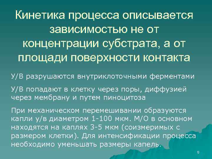 Кинетика процесса описывается зависимостью не от концентрации субстрата, а от площади поверхности контакта У/В