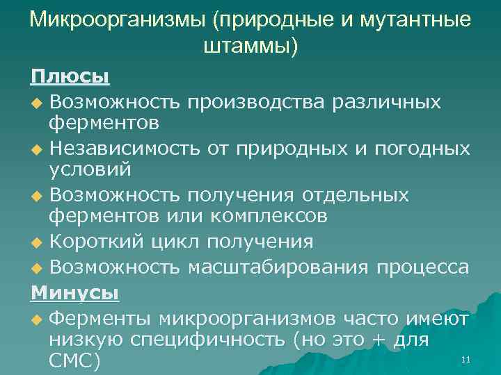 Микроорганизмы (природные и мутантные штаммы) Плюсы u Возможность производства различных ферментов u Независимость от