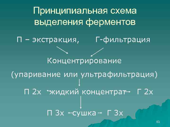 Принципиальная схема выделения ферментов П – экстракция, Г-фильтрация Концентрирование (упаривание или ультрафильтрация) П 2