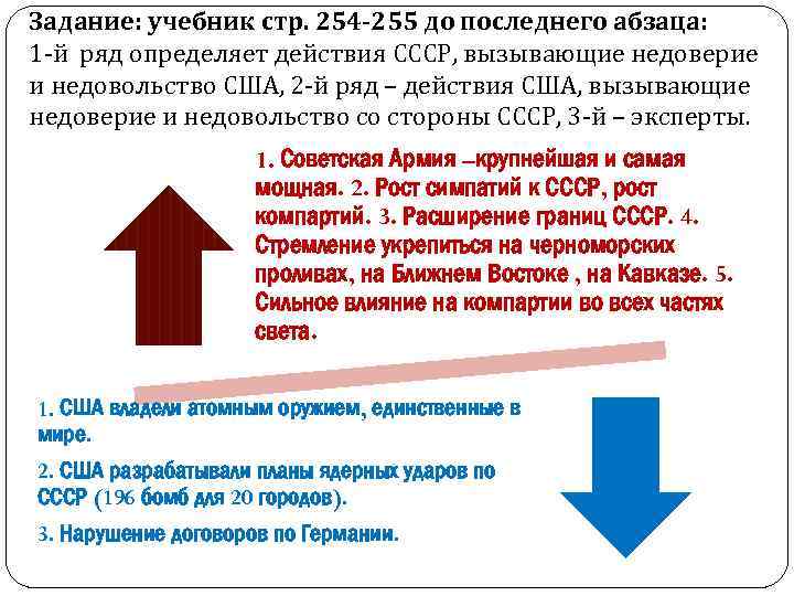 Задание: учебник стр. 254 -255 до последнего абзаца: 1 -й ряд определяет действия СССР,