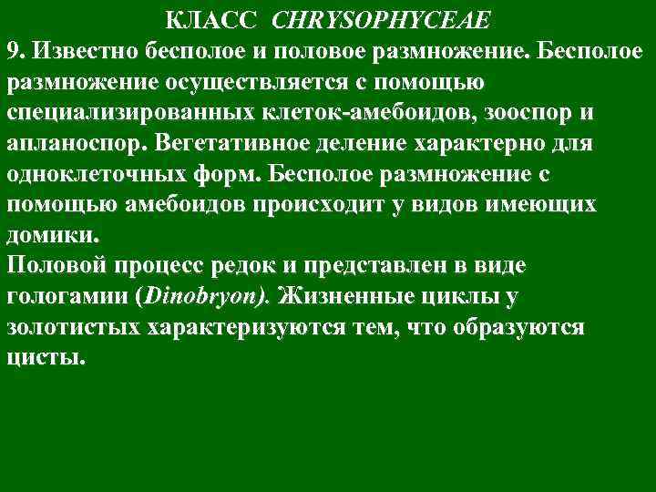 КЛАСС CHRYSOPHYCEAE 9. Известно бесполое и половое размножение. Бесполое размножение осуществляется с помощью специализированных