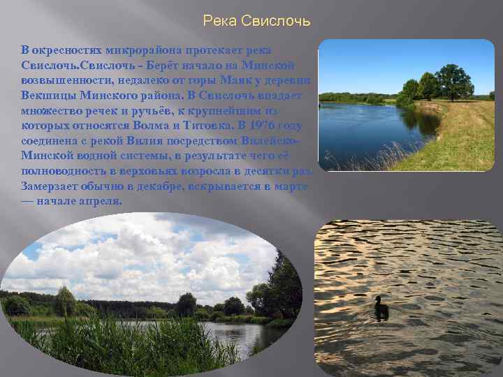 Река Свислочь В окресностях микрорайона протекает река Свислочь - Берёт начало на Минской возвышенности,