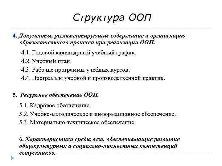 Структура ООП 4. Документы, регламентирующие содержание и организацию образовательного процесса при реализации ООП. 4.