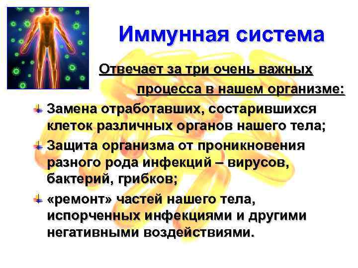 Иммунная система Отвечает за три очень важных процесса в нашем организме: Замена отработавших, состарившихся