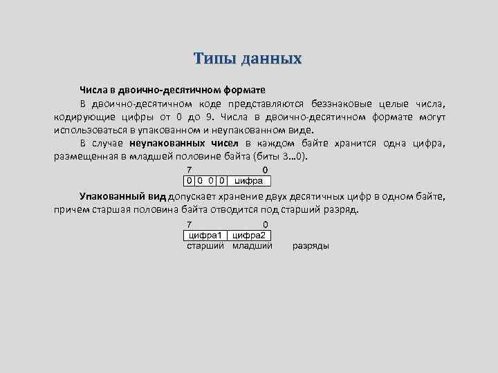 Типы данных Числа в двоично-десятичном формате В двоично-десятичном коде представляются беззнаковые целые числа, кодирующие