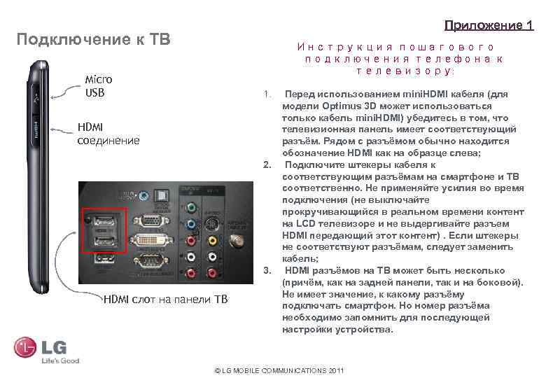 Приложение 1 Подключение к ТВ Инструкция пошагового подключения телефона к телевизору: Micro USB 1.