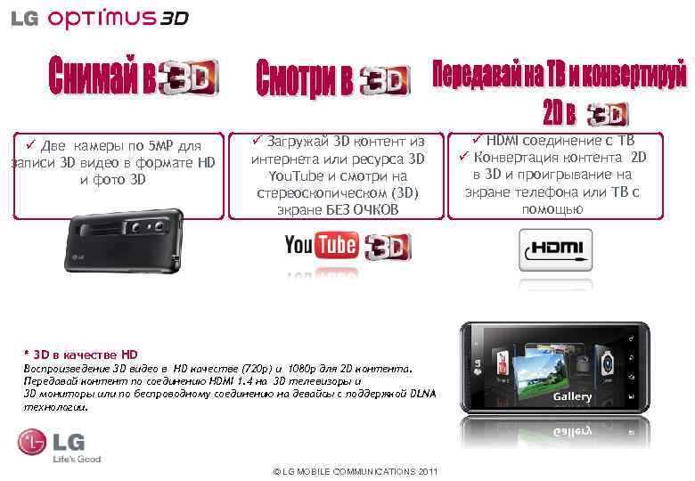 ü Две камеры по 5 MP для записи 3 D видео в формате HD