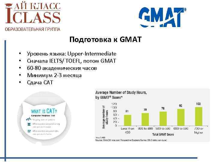 Подготовка к GMAT • • • Уровень языка: Upper-Intermediate Сначала IELTS/ TOEFL, потом GMAT