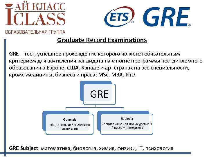 Graduate Record Examinations GRE – тест, успешное прохождение которого является обязательным критерием для зачисления