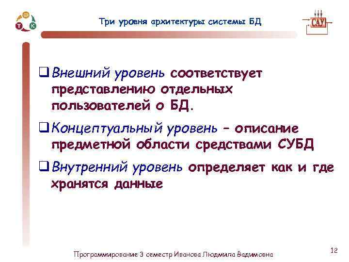 Три уровня архитектуры системы БД q Внешний уровень соответствует представлению отдельных пользователей о БД.