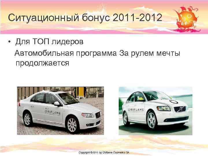 Ситуационный бонус 2011 -2012 • Для ТОП лидеров Автомобильная программа За рулем мечты продолжается