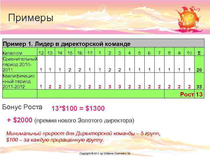 Примеры Пример 1. Лидер в директорской команде Каталоги 12 13 Сравнительный период 20102011 1
