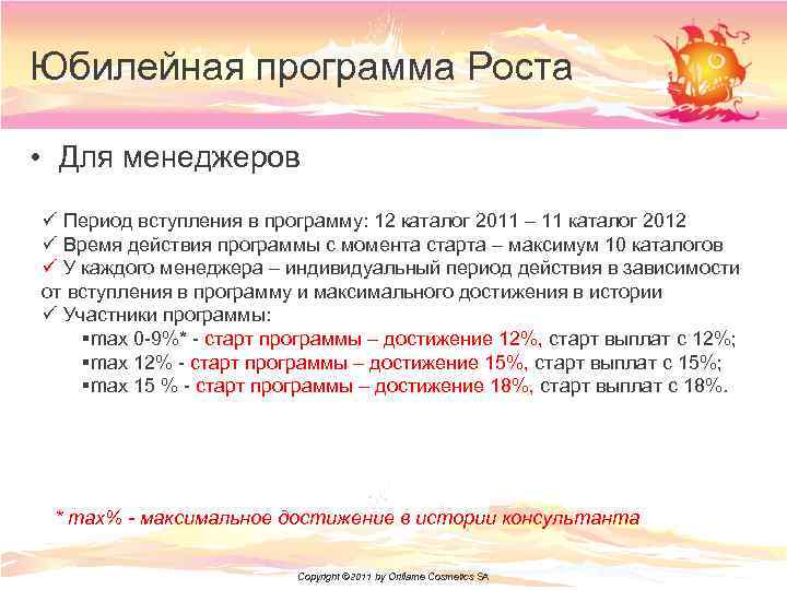 Юбилейная программа Роста • Для менеджеров ü Период вступления в программу: 12 каталог 2011