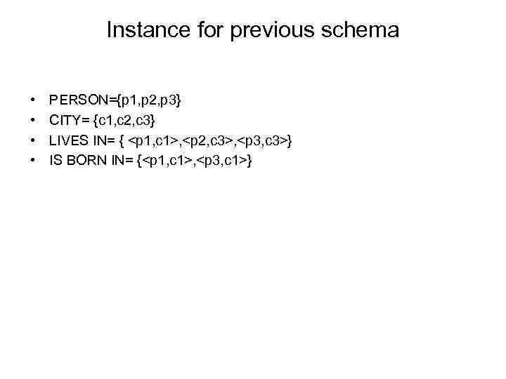 Instance for previous schema • • PERSON={p 1, p 2, p 3} CITY= {c