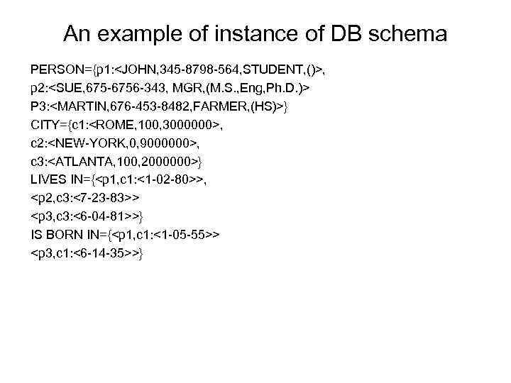 An example of instance of DB schema PERSON={p 1: <JOHN, 345 -8798 -564, STUDENT,