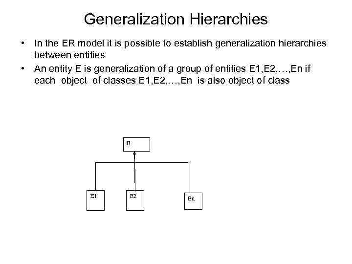 Generalization Hierarchies • In the ER model it is possible to establish generalization hierarchies