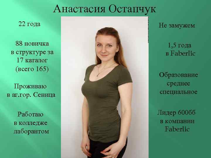 Анастасия Остапчук 22 года 88 новичка в структуре за 17 каталог (всего 165) Проживаю