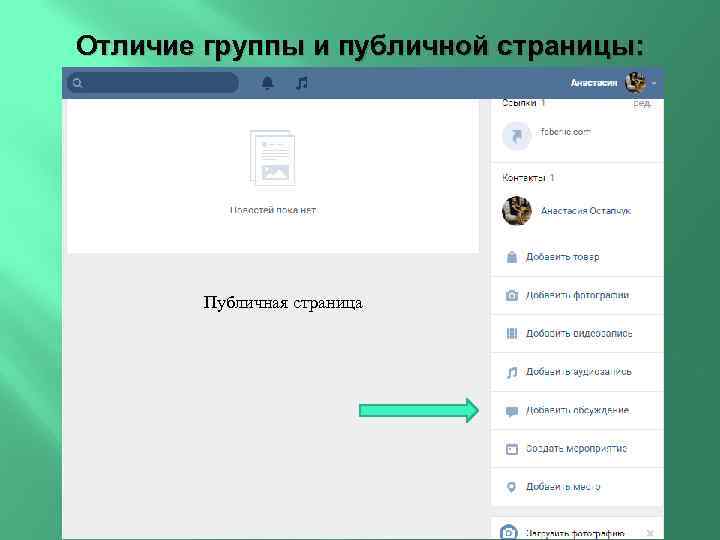 Отличие группы и публичной страницы: Публичная страница 