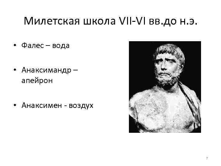 Милетская школа VII-VI вв. до н. э. • Фалес – вода • Анаксимандр –