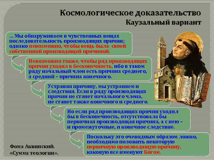 Космологическое доказательство Каузальный вариант … Мы обнаруживаем в чувственных вещах последовательность производящих причин; однако