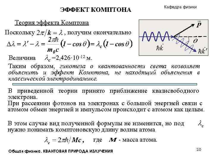 ЭФФЕКТ КОМПТОНА Кафедра физики Теория эффекта Комптона Поскольку , получим окончательно Величина =2, 426·