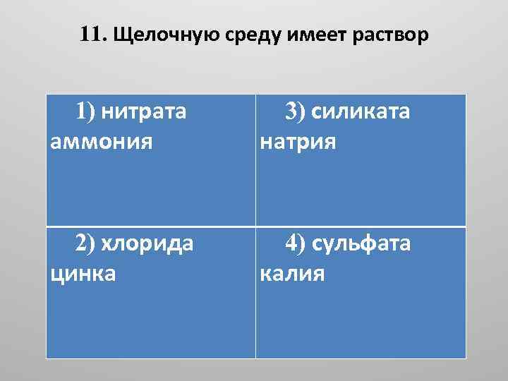 11. Щелочную среду имеет раствор 1) нитрата аммония 3) силиката натрия 2) хлорида цинка