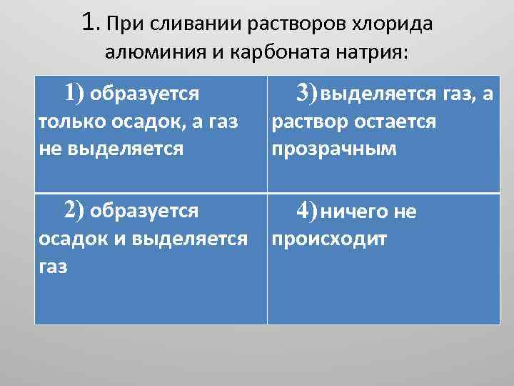 1. При сливании растворов хлорида алюминия и карбоната натрия: 1) образуется 3) выделяется газ,