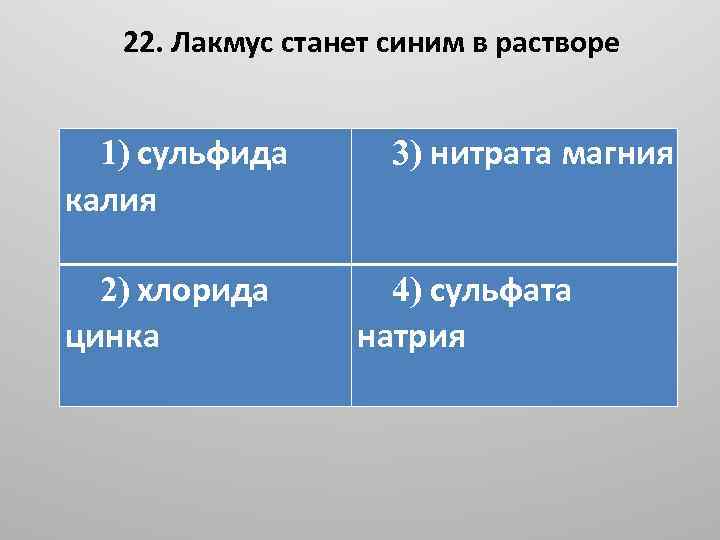 22. Лакмус станет синим в растворе 1) сульфида калия 2) хлорида цинка 3) нитрата