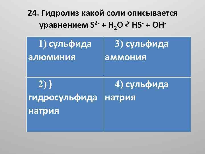 24. Гидролиз какой соли описывается уравнением S 2 - + H 2 O ⇄