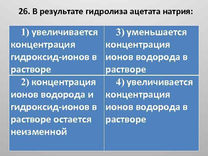 26. В результате гидролиза ацетата натрия: 1) увеличивается концентрация гидроксид-ионов в растворе 2) концентрация