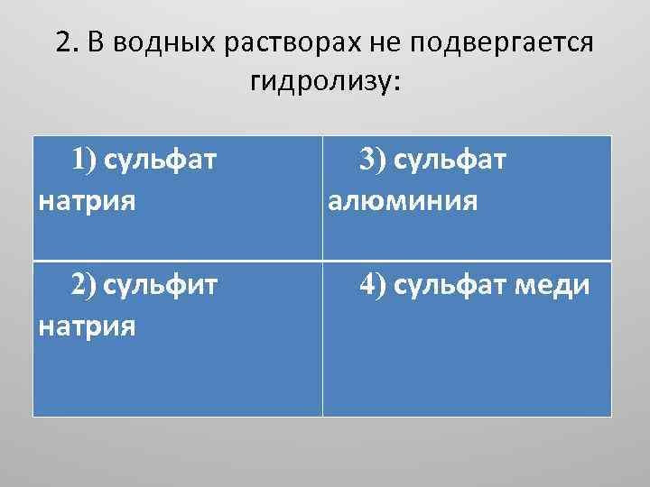 2. В водных растворах не подвергается гидролизу: 1) сульфат натрия 2) сульфит натрия 3)