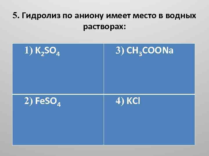 5. Гидролиз по аниону имеет место в водных растворах: 1) K 2 SO 4