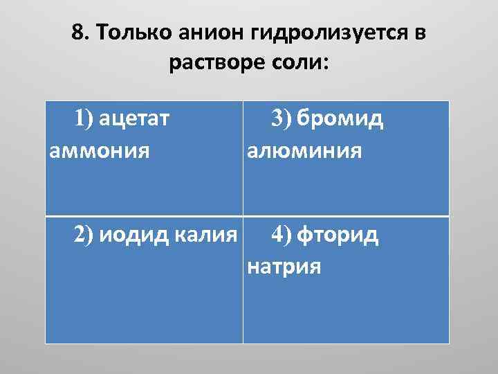 8. Только анион гидролизуется в растворе соли: 1) ацетат аммония 2) иодид калия 3)