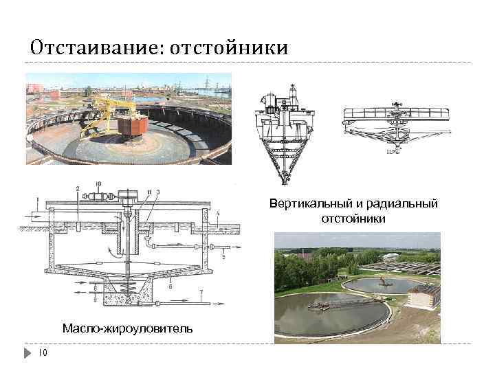 Отстаивание: отстойники Вертикальный и радиальный отстойники Масло-жироуловитель 10 