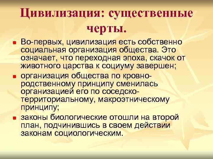 Цивилизация: существенные черты. n n n Во-первых, цивилизация есть собственно социальная организация общества. Это