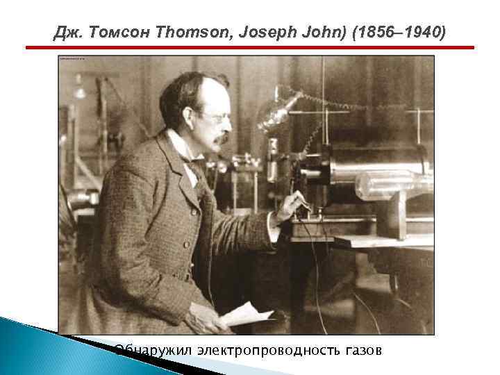 Дж. Томсон Thomson, Joseph John) (1856– 1940) Обнаружил электропроводность газов 